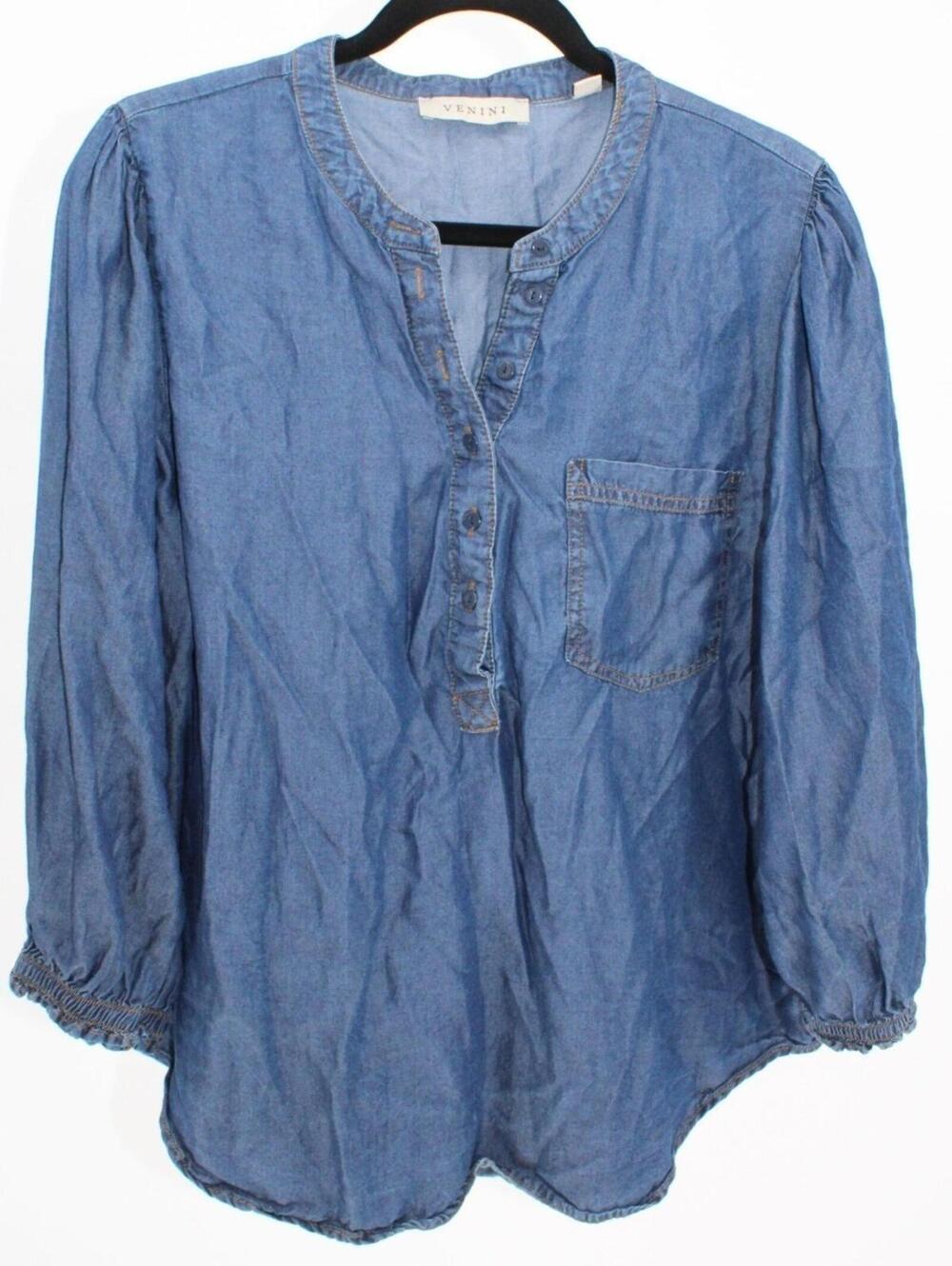Venini Med $128 Blue Chambray Tencel Lyocell Peasant Popover 3/4 Sleeve Blouse